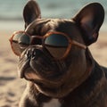 Cute French Buldog in Sunglasses on an ocean sand beach background. Generative AI