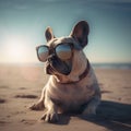 Cute French Buldog in Sunglasses on an ocean sand beach background. Generative AI