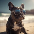 Cute French Buldog in Sunglasses on an ocean sand beach background. Generative AI