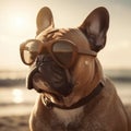 Cute French Buldog in Sunglasses on an ocean sand beach background. Generative AI