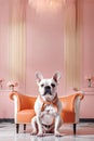 Cute french Bulldog dog in luxe modern interior. Copy space. Adorable puppy