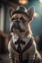 A cute French bulldog in a felt bowler hat in a brown cardigan and bow tie