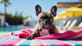 ai generative, cute french bulldog in front of a blurred pool scenery sitting on pink towel