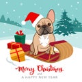 Cute french bulldog puppy sitting on sled wearing Santa hat with Christmas gifts around, snowy hills with trees in background,