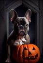 cute french bulldog sitting on Halloween with a pumpkin on a dark background