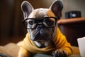 Cute french bulldog with surprised eyes in glasses with smile. AI generated.