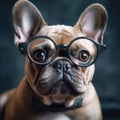 Cute french bulldog with surprised eyes in glasses with smile. AI generated.