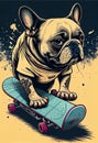 a cute French bulldog in a T-shirt rides a blue skateboard