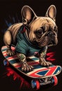 a cute French bulldog in t-shirt a rides a skateboard