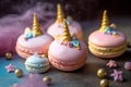 Cute French macaron sweets with unicorn horns.