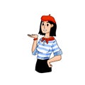 Cute French woman with striped shirt and beret. Funny drawing of Frenchwoman. Typical European character.