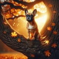 Cute frenchie dog on an old tree in autumn