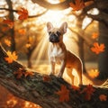 Cute frenchie dog on an old tree in autumn