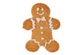 Cute fresh gingerbread man decorated with royal icing, isolated on white background. Christmas food, pastry background. New Year