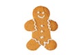 Cute fresh gingerbread man decorated with royal icing, isolated on white background. Christmas food, pastry background. New Year