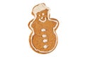 Cute fresh gingerbread snowman decorated with royal icing, isolated on white background. Christmas food, pastry background. New