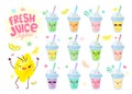 Cute fresh smoothie juice yogurt glasses stemware funny characters set. Smiling cartoon happy face kids style collection.