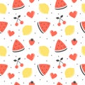 Cute fresh summer fruits seamless vector pattern background illustration with lemons, cherries, strawberries and watermelon slice