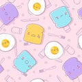 Cute fried egg and bread with face emotions seamless pattern Royalty Free Stock Photo