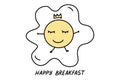 Cute Fried egg in Doodle style. Hand drawn lines cartoon scrambled egg. Concept of Breakfast food, omelet. Vector illustration.