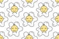 Cute fried egg seamless pattern in doodle style. Hand drawn lines cartoon scrambled egg. Concept of Breakfast food, omelet. Vector