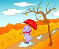 Cute friendly alien in rubber boots, scarf and with umbrella in Royalty Free Stock Photo