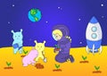 Cute and friendly aliens and astronaut watering the plants on th