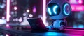 Cute friendly artificial intelligence robot using laptop computer with purple neon glow light, chatbot and AI assistant Royalty Free Stock Photo