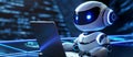 Cute friendly artificial intelligence robot using laptop computer with purple neon glow light, chatbot and AI assistant Royalty Free Stock Photo