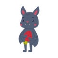 Cute friendly bat holding strawberry. Halloween symbol. Funny mascot character cartoon vector illustration Royalty Free Stock Photo