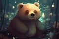 Cute and friendly bear in dream world, surrounded by vaporous patches of light