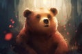 Cute and friendly bear in dream world, surrounded by vaporous patches of light