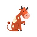 Cute friendly brown spotted cow cartoon character sitting on the ground vector Illustration on a white background