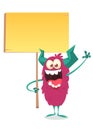 Cute friendly cartoon monster holding a blank sign in his hands. Royalty Free Stock Photo