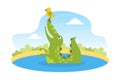 Cute Friendly Crocodile Sitting in the Pond with Lovely Bird on his Nose, Wild African Animal Character Cartoon Vector