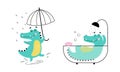 Cute friendly crocodiles set. Lovely curious baby alligators walking under umbrella and taking bath cartoon vector