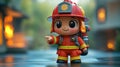 A cute friendly 3d fire fighter character pointing. 3D Rendering style illustration Royalty Free Stock Photo