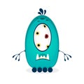 cute, friendly, fluffy, blue monster alien waves and smiles. Cartoon style. Royalty Free Stock Photo