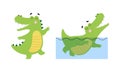 Cute friendly green crocodiles set. Lovely baby alligators in different activities cartoon vector illustration