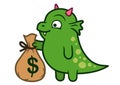 Cute friendly green dragon monster holding money bag