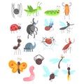 Cute Friendly Insects Set With Cartoon Bugs, Beetles, Flies, Spiders And Other Small Animals Royalty Free Stock Photo