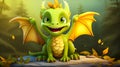 Cute and friendly little green dragon with big eyes and kind smile. Against background of fabulous forest. Cartoon style. Royalty Free Stock Photo