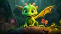 Cute and friendly little green dragon with big eyes and kind smile. Against background of fabulous forest. Cartoon style. Royalty Free Stock Photo