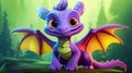 Cute and friendly little violet dragon with big eyes and kind smile. Against background of fabulous forest. Cartoon style. Royalty Free Stock Photo