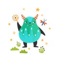 Cute friendly monster, alien or beast. Lovely fluffy fairytale creature with horns. Fantastic cartoon character isolated