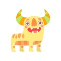 Cute Friendly Monster, Funny Horned Alien Cartoon Character Vector Illustration