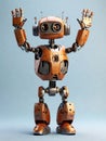 Cute And Friendly Robot Raising Hands To Greet Humans.