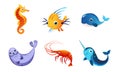 Cute Friendly Sea Creatures Set, Colorful Adorable Marine Fishes and Animals Vector Illustration Royalty Free Stock Photo