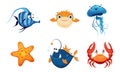 Cute Friendly Sea Creatures Set, Colorful Sea Fishes and Animals Vector Illustration Royalty Free Stock Photo