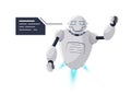 Cute friendly smiling robot character with speech bubble. Futuristic white chatbot mascot and message sign. Tech cartoon